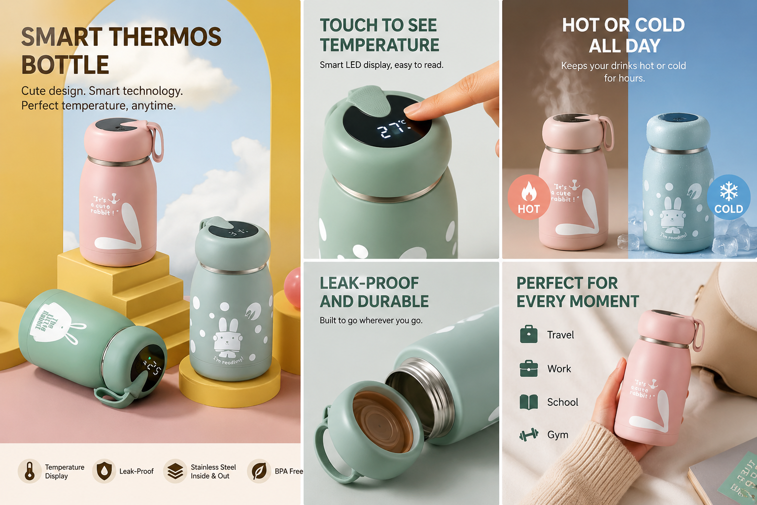 Cute Smart Thermos Bottle – Hot & Cold Temperature Control