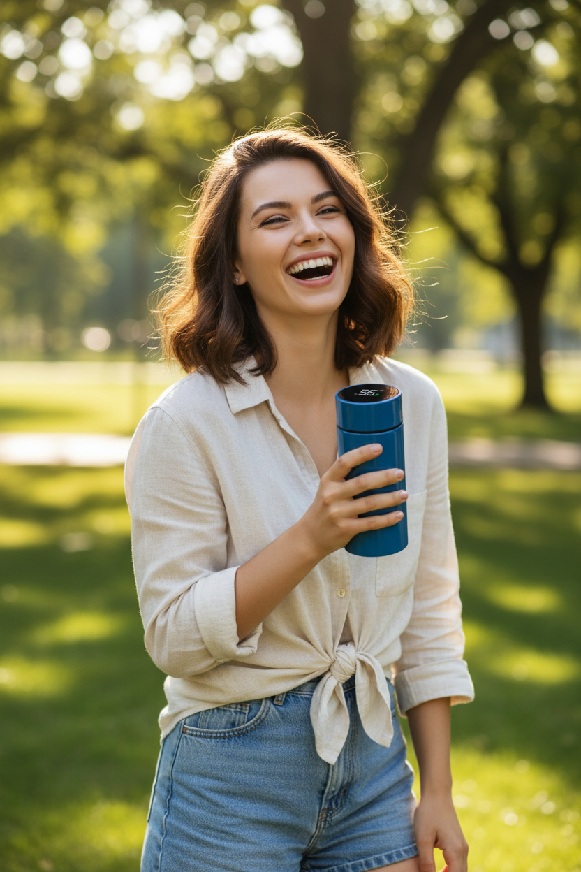 Mujer en parque con termo