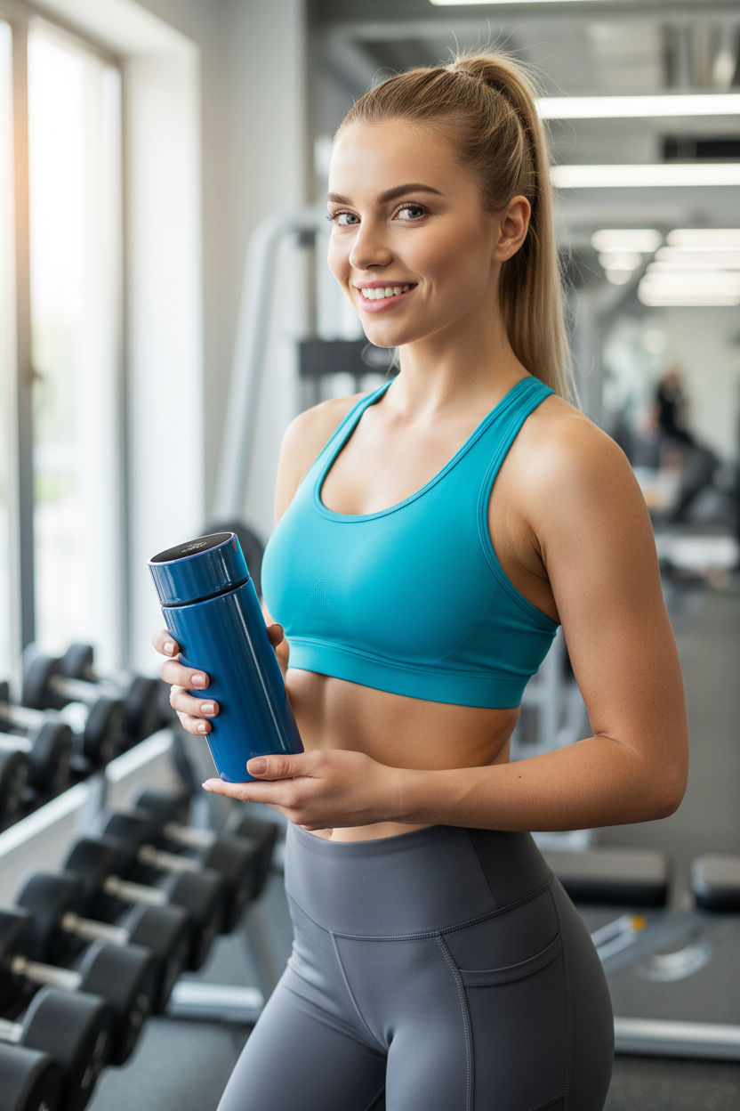 Mujer en gimnasio con termo