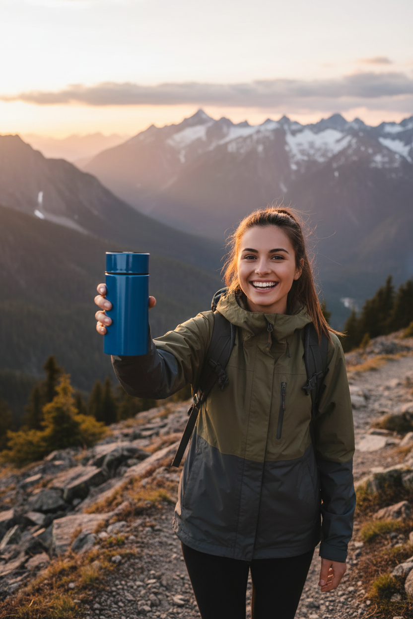 Mujer en montaña con termo